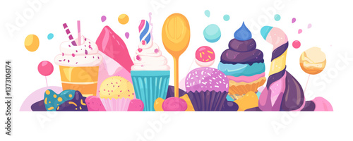 Colorful assorted desserts with cupcakes and ice creams - vector