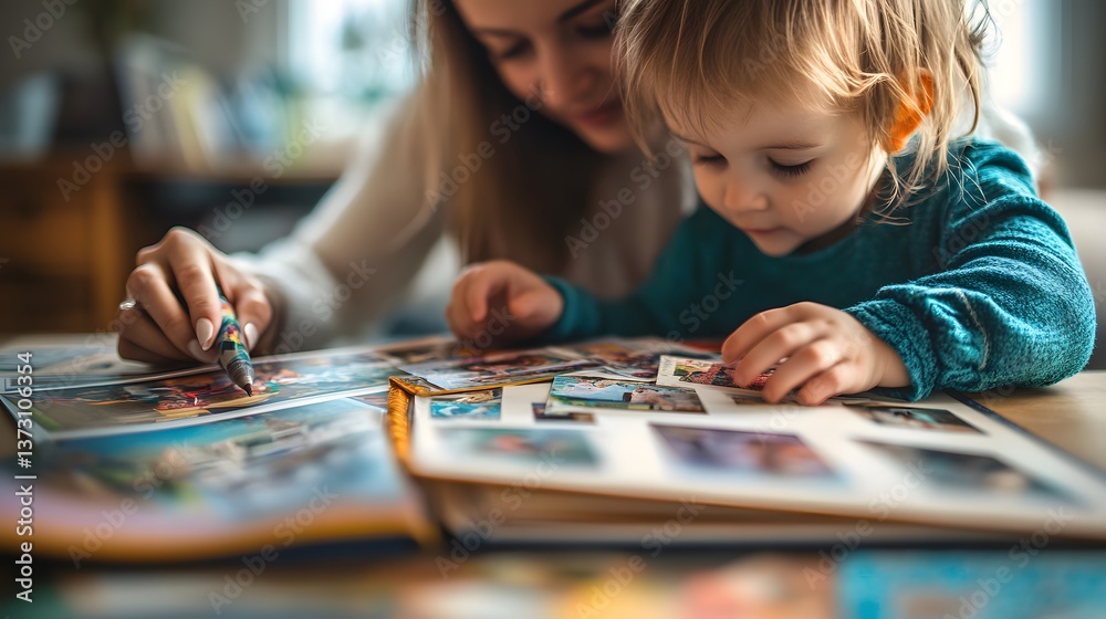 Fototapeta premium Mother and child looking at photos in an album, reliving memories, and creating new ones. A family moment of love and connection.
