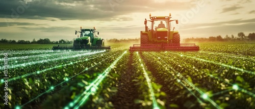 Engineers designing AI powered autonomous farming tractors, high-tech agricultural field with real-time crop data and AI-driven farming machinery, High-tech style