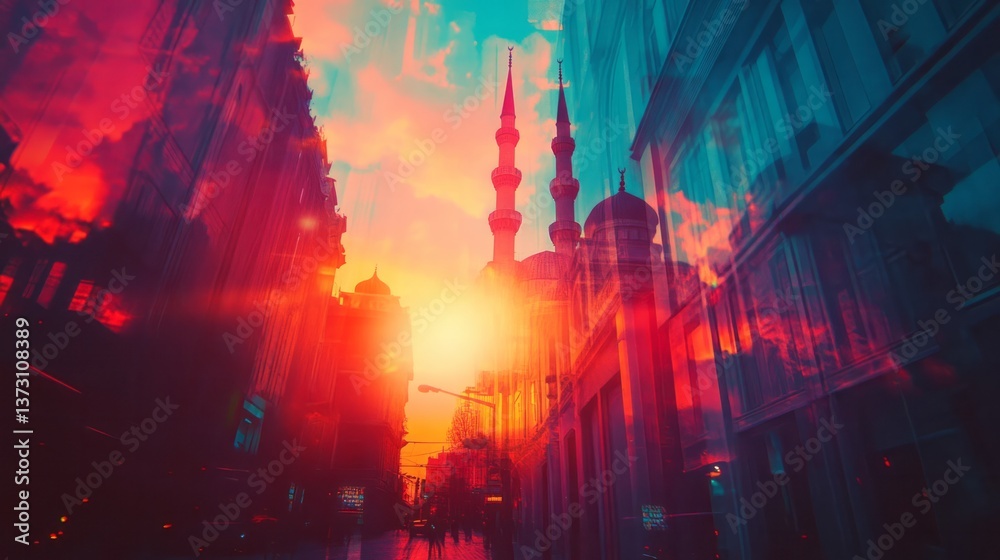 Fototapeta premium Mosque minarets rise above city buildings during a colorful sunset