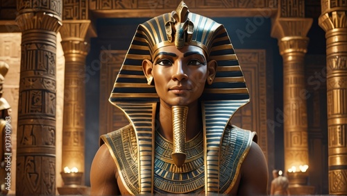 Pharaoh statue in a temple setting with hieroglyph columns. History, art design perfect for ancient Egypt, artifacts, or travel themes.