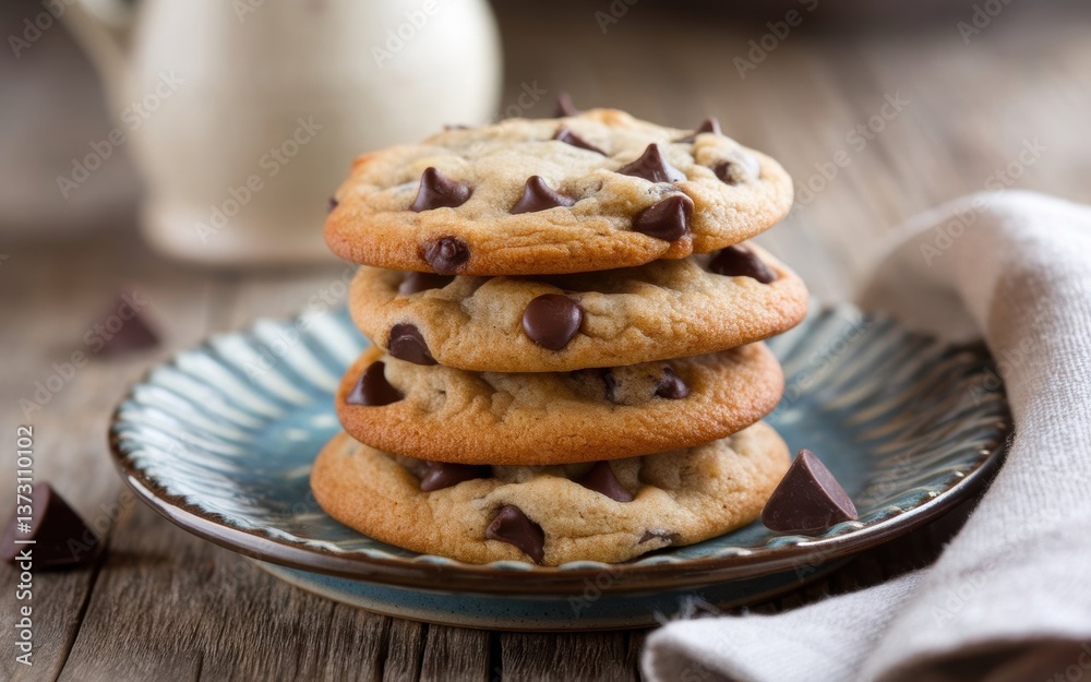 A stack of freshly baked chocolate chip cookies on a decorative blue plate, with a linen napkin and a cream pitcher in the background. A stack of freshly baked chocolate chip cookies on a decorative blue plate, with a linen napkin and a cream pitcher in the background.