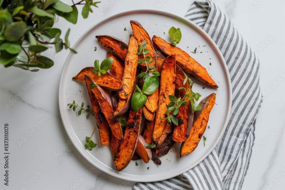 A plate of golden-brown sweet potato wedges garnished with fresh herbs, set on a marble countertop with a striped cloth. A plate of golden-brown sweet potato wedges garnished with fresh herbs, set on a marble countertop with a striped cloth.