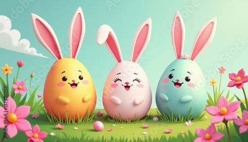 Colorful Easter Eggs With Playful Bunnies Spring Holiday Celebration Kawaii Style Festive Decoration AI Generated