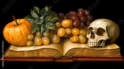 Still life painting depicting a skull and a variety of fruits photo