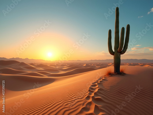 An evocative desert landscape featuring a towering saguaro cactus silhouetted against a radiant sunrise over rolling sand dunes creating a tranquil scene