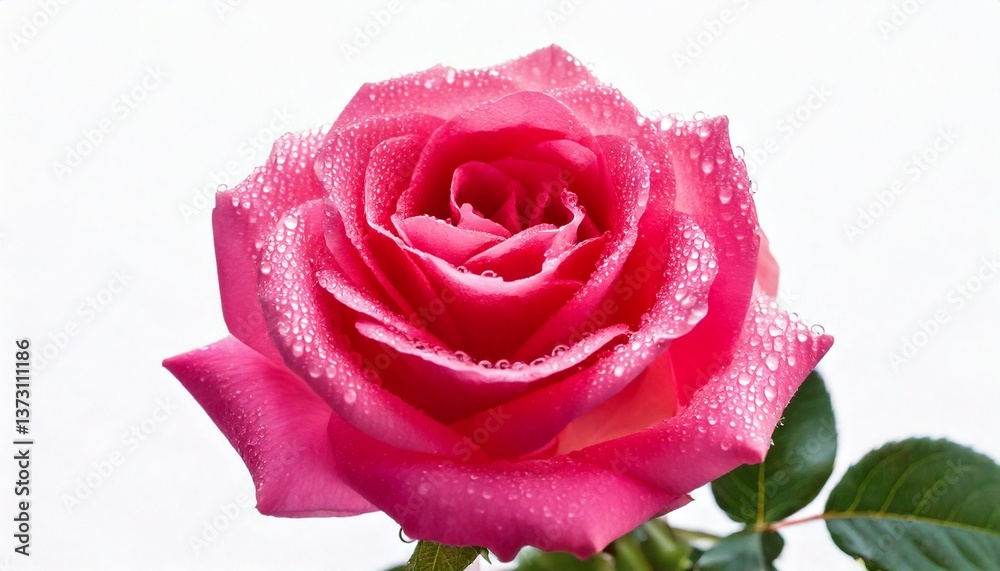 Fototapeta premium Single pink rose with water droplets on petals against pure white background