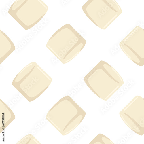 Marshmallow pattern, food dessert seamless background. Small square candy. Collection sweet confectionery. Vector illustration on white