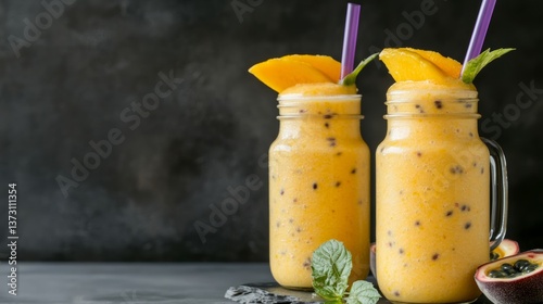 Fresh mango passion fruit smoothies served in mason jars with vibrant garnishes and colorful straws