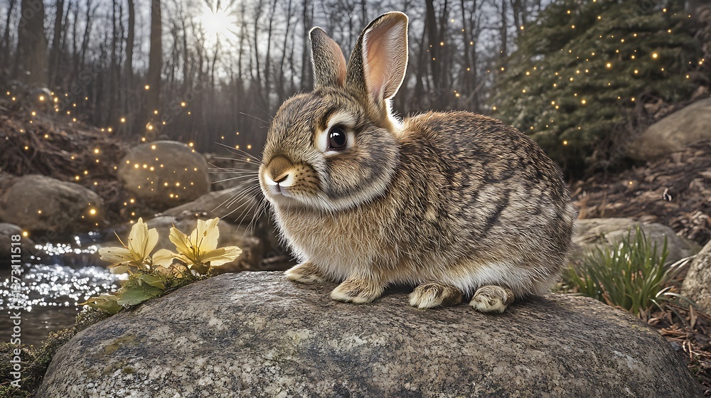 Fototapeta premium A fluffy rabbit sitting on a rock in a forest scene