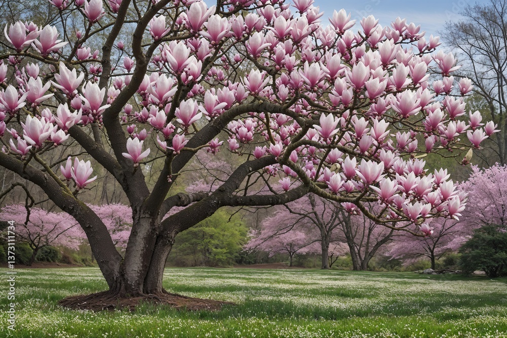 Elegant Magnolia Tree in Bloom: A Picturesque Spring Scene with Graceful Blossoms Elegant Magnolia Tree in Bloom: A Picturesque Spring Scene with Graceful Blossoms