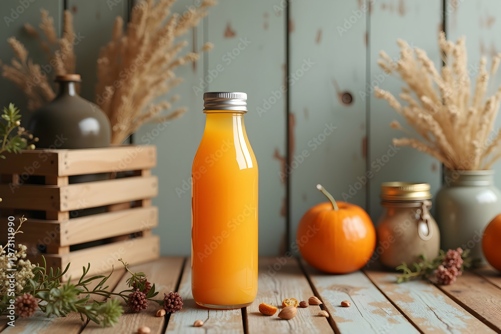 Fototapeta premium Autumn Still Life, Vibrant Orange Juice Bottle with Pumpkins and Rustic Decor on Weathered Wooden Table, Evoking Seasonal Harvest and Warmth