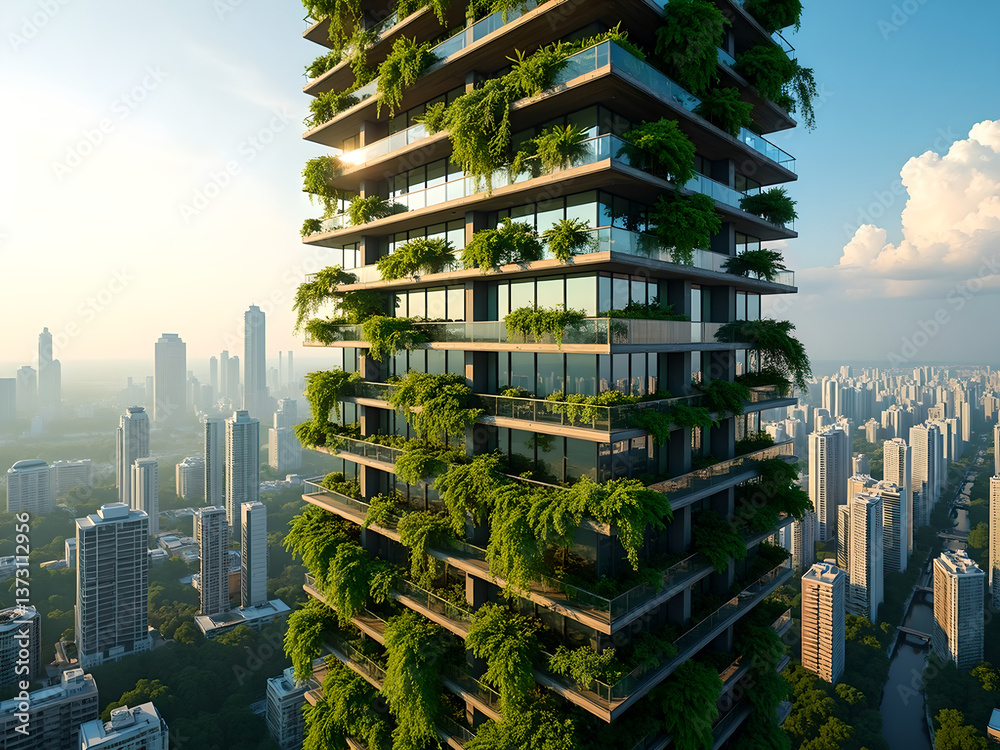 Obraz premium Modern Office Green Building: Panoramic View - Generative AI