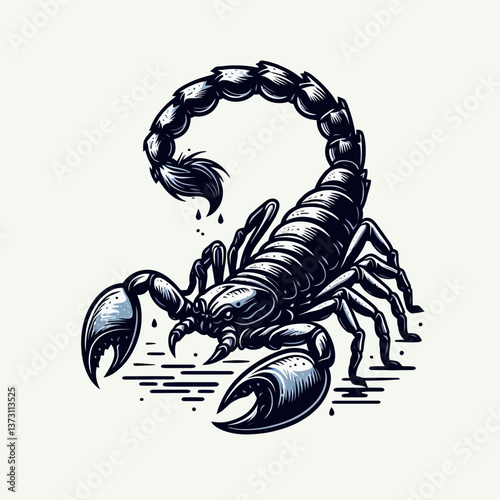 Illustrazione di uno scorpione in grafica vettoriale, logo in stile EPS10 su sfondo bianco, perfetto per il branding con un accento potente, misterioso e audace.