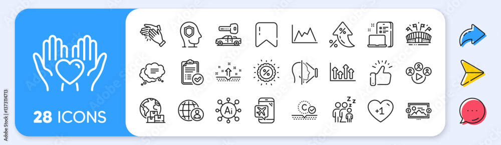 Fototapeta premium Video conference, Collagen skin and Upper arrows line icons. Interest rate, AI generate, Inflation icons. Pack of Diagram, Text message, Sports arena icon. Vector