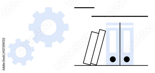 Gears and upright file binders on a shelf symbolizing organization, teamwork, and workflow efficiency. Ideal for productivity, planning, work tools, management, systems, business processes flat