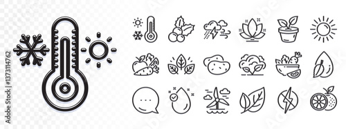 Orange, Lotus and Organic tested line icons for web app. Glare of light effect. Message icon. Pack of Salad, Vitamin e, Thermometer pictogram icons. Weather thermometer, Sun, Vegetables signs. Vector