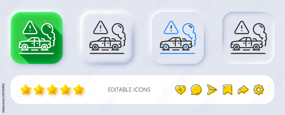 Fototapeta premium Exhaust line icon. Neumorphic, Flat shadow, 3d buttons. Car co2 fumes sign. Vehicle danger emission symbol. Line exhaust icon. Social media icons. Vector