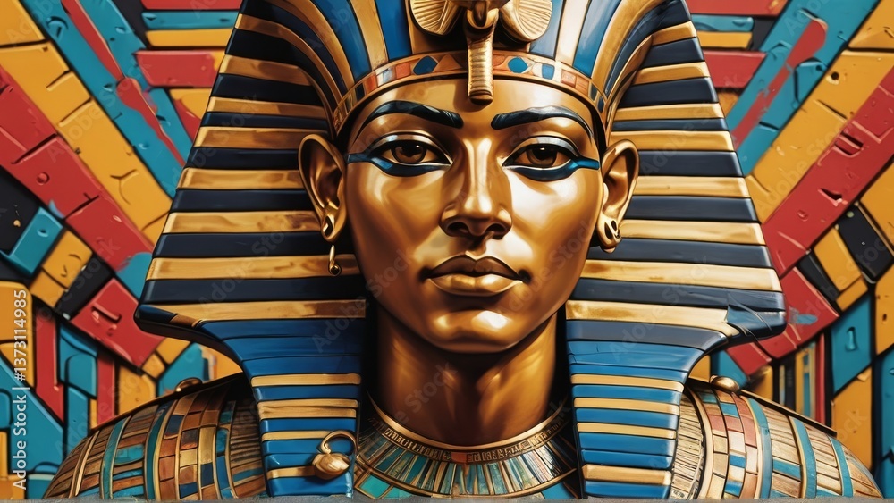 Obraz premium Pharaoh bust with colorful brick background. History, art design perfect for ancient Egypt, artifacts, or creative themes.