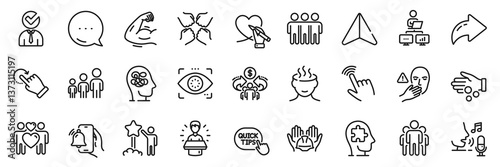 Quick tips, Vacancy and Rotation gesture line icons pack. Share, Message, Paper plane icons. Squad, Cursor, Work home web icon. Anxiety, Sharing economy, Friendship pictogram. Vector