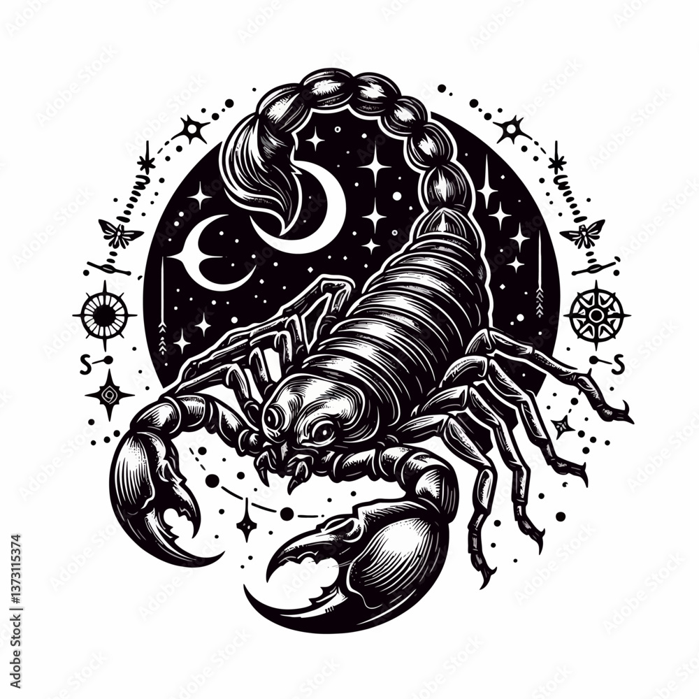 Ilustração de escorpião em gráficos vetoriais, logotipo no estilo EPS10 sobre fundo branco, perfeito para branding com um acento poderoso, misterioso e ousado