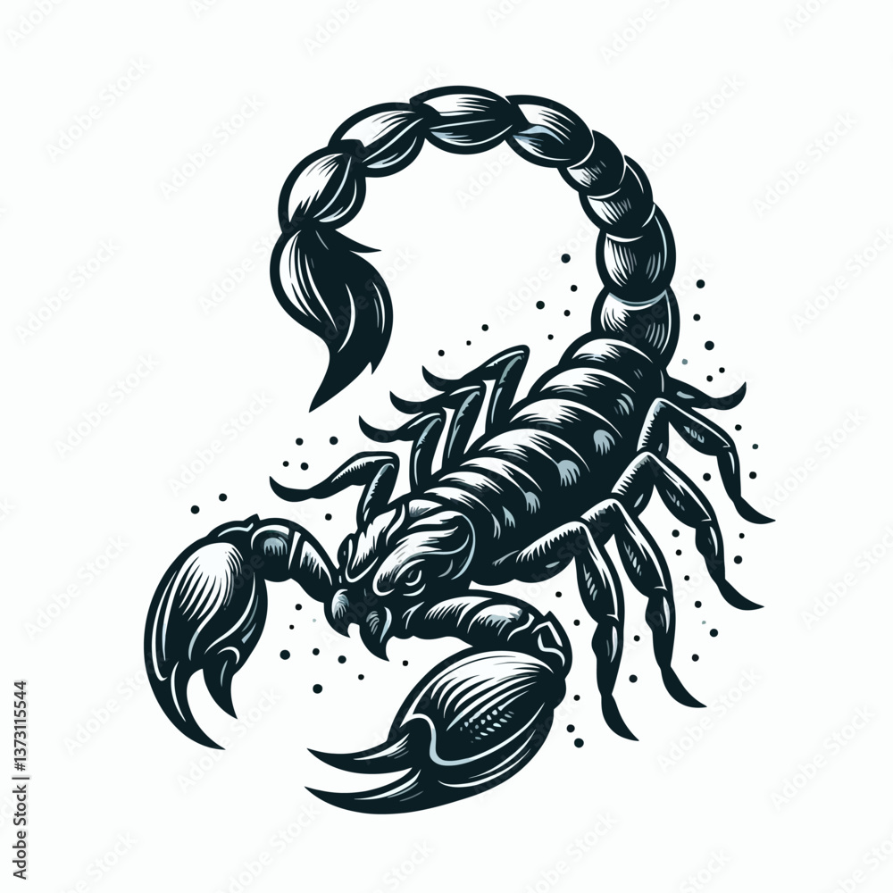 Ilustração de escorpião em gráficos vetoriais, logotipo no estilo EPS10 sobre fundo branco, perfeito para branding com um acento poderoso, misterioso e ousado