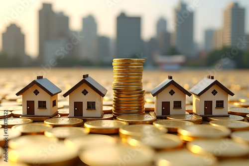 Property Investment Concept: Multiple Houses with Coin Stacks - Income, Tax, and Passive Income Ideas
 photo