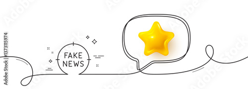 Fake news line icon. Continuous line with 3d star. Propaganda conspiracy target sign. Wrong truth symbol. 3d star in speech bubble. Fake news single line ribbon. Loop curve pattern. Vector