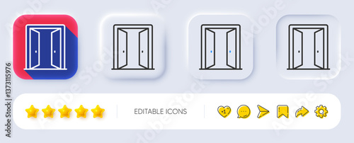 Open door line icon. Neumorphic, Flat shadow, 3d buttons. Entrance doorway sign. Building exit symbol. Line open door icon. Social media icons. Vector