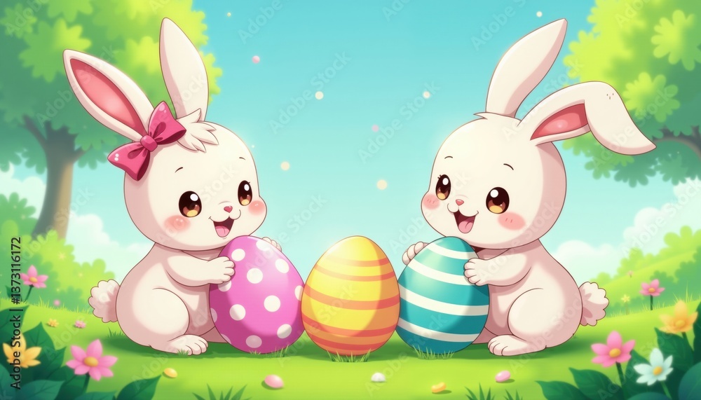 Obraz premium Cute Rabbits With Easter Eggs In Grass Playful Bunny Characters Kawaii Style Spring Celebration Adorable Design AI Generated