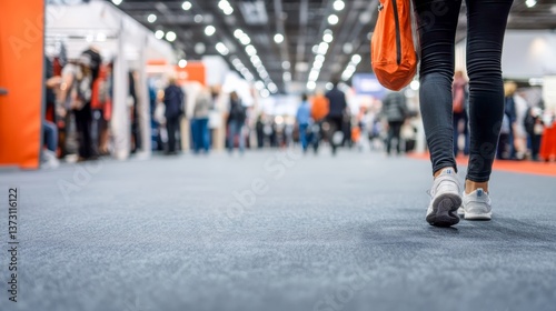 Crowd gathers at a large event with people walking through an exhibition hall during a busy day