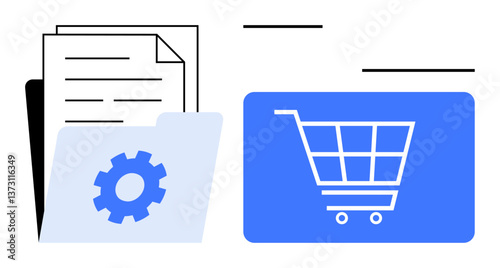 Documents in a folder with gear icon representing settings, next to a shopping cart symbol for e-commerce. Ideal for document management, organization, online shopping, e-commerce, workflow, business