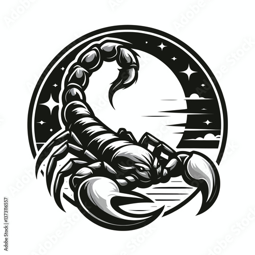 Illustrazione di uno scorpione in grafica vettoriale, logo in stile EPS10 su sfondo bianco, perfetto per il branding con un accento potente, misterioso e audace.