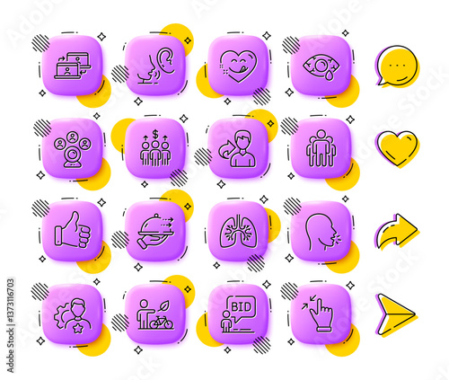 Yummy smile, Food delivery and Lungs line icons. App 3d buttons. Social media comment, share, like icons. Pack of Group, Brand, Eco bike icon. Whisper, Outsource work, Meeting pictogram. Vector
