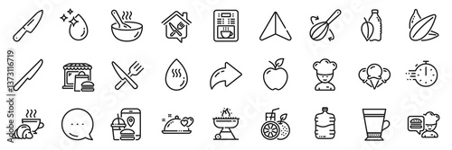 Cook, Food and Table knife line icons pack. Share, Message, Paper plane icons. Latte, Coffee maker, Chef web icon. Water drop, Sunflower seed, Food app pictogram. Vector