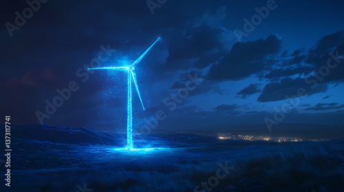 Photograph of an ethereal, transparent, blue-glowing wind turbine with a glowing neon outline in a night scene:. Wandering Glow. Illustration