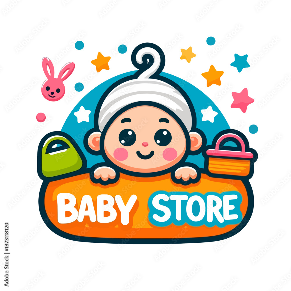 Fototapeta premium Logotipo de tienda para bebés en estilo cartoon infantil con fondo blanco, realizado en formato EPS10, ideal para branding con un diseño tierno y amigable para los pequeños