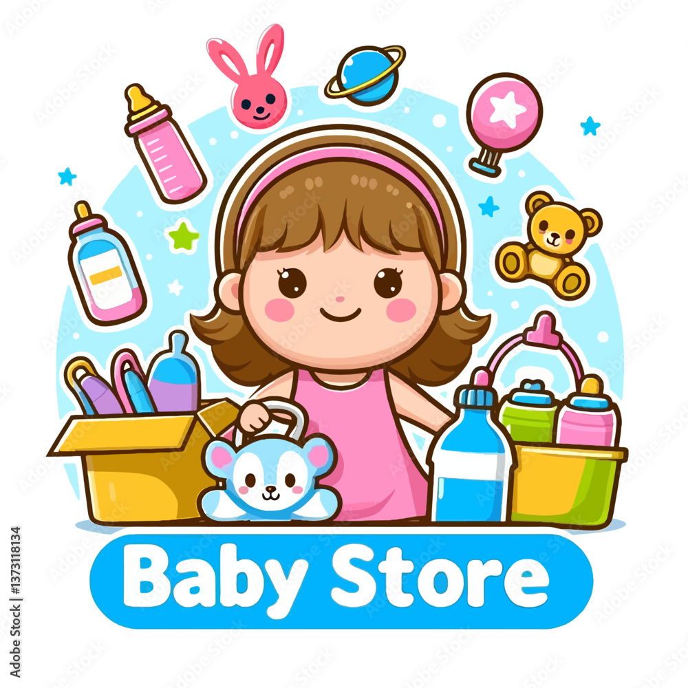 Logotipo de tienda para bebés en estilo cartoon infantil con fondo blanco, realizado en formato EPS10, ideal para branding con un diseño tierno y amigable para los pequeños