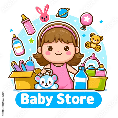 Logotipo de tienda para bebés en estilo cartoon infantil con fondo blanco, realizado en formato EPS10, ideal para branding con un diseño tierno y amigable para los pequeños