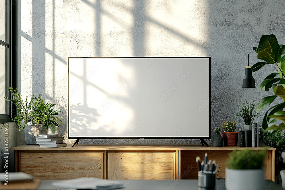 Mockup of a blank television in a stylish living room setting Mockup of a blank television in a stylish living room setting