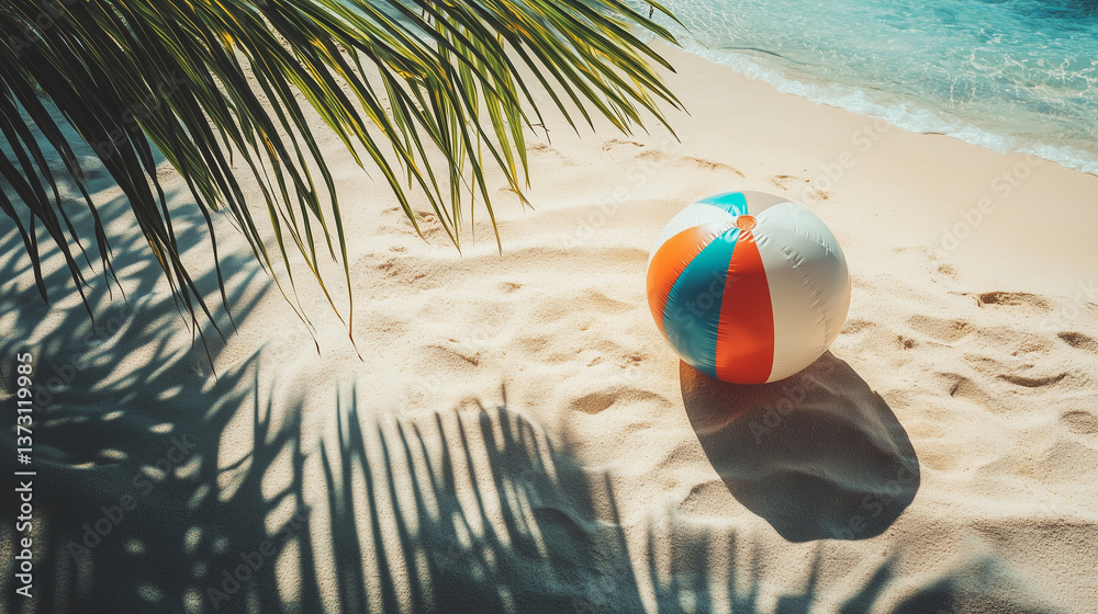Obraz premium View on tropical beach with an inflatable beach ball, summertime vibes. Tropical travel destination, mockup for poster, advertisement. Travel industry background. Summer beach.