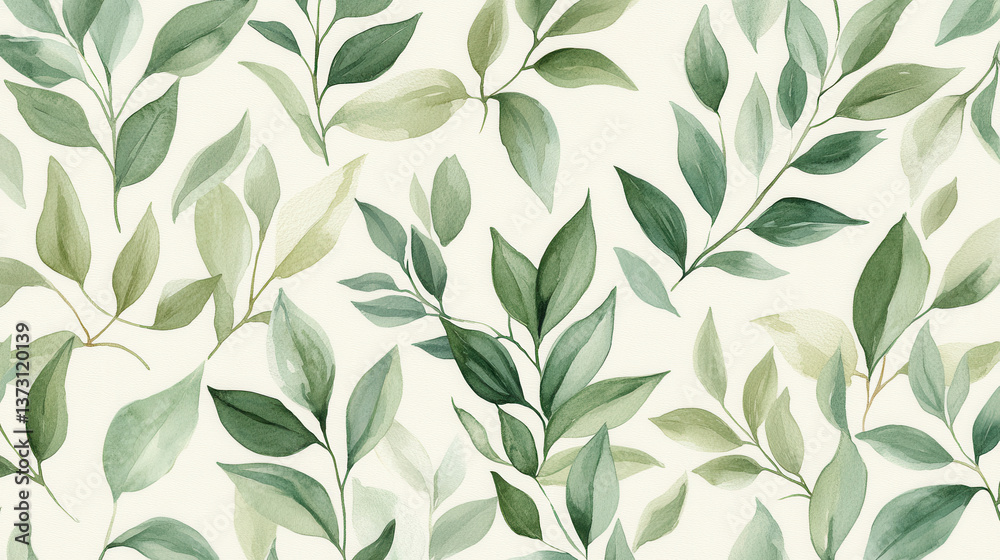 custom made wallpaper toronto digitalA seamless pattern of lush botanical foliage, pale mint and forest green leaves painted in watercolor, overlapping transparently
