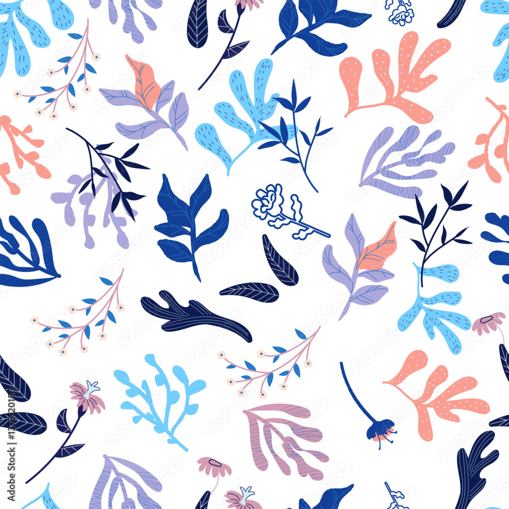 Colorful violet seamless pattern with flowers and leaves. Abstract floral spring, summer ornament. Organic background for perfume, paper, cover, fabric, interior decor. Colorful violet seamless pattern with flowers and leaves. Abstract floral spring, summer ornament. Organic background for perfume, paper, cover, fabric, interior decor.