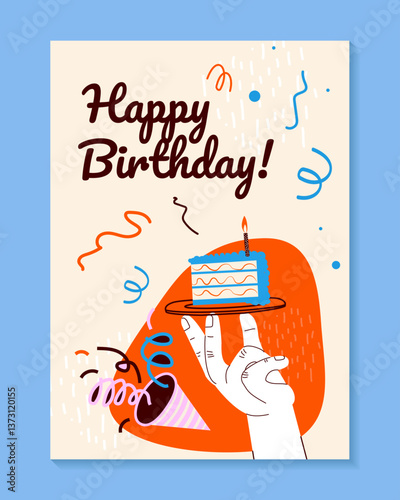 Birthday greeting card design with cake, balloons and typography design. Abstract universal grunge artistic templates. For poster, business card, invitation, flyer, banner, email header	