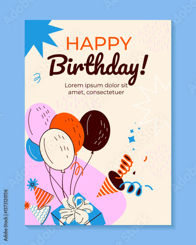 Birthday greeting card design with cake, balloons and typography design. Abstract universal grunge artistic templates. For poster, business card, invitation, flyer, banner, email header	
