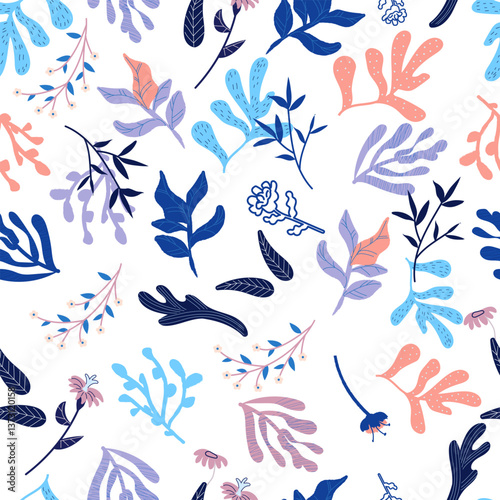 Colorful violet seamless pattern with flowers and leaves. Abstract floral spring, summer ornament. Organic background for perfume, paper, cover, fabric, interior decor.	