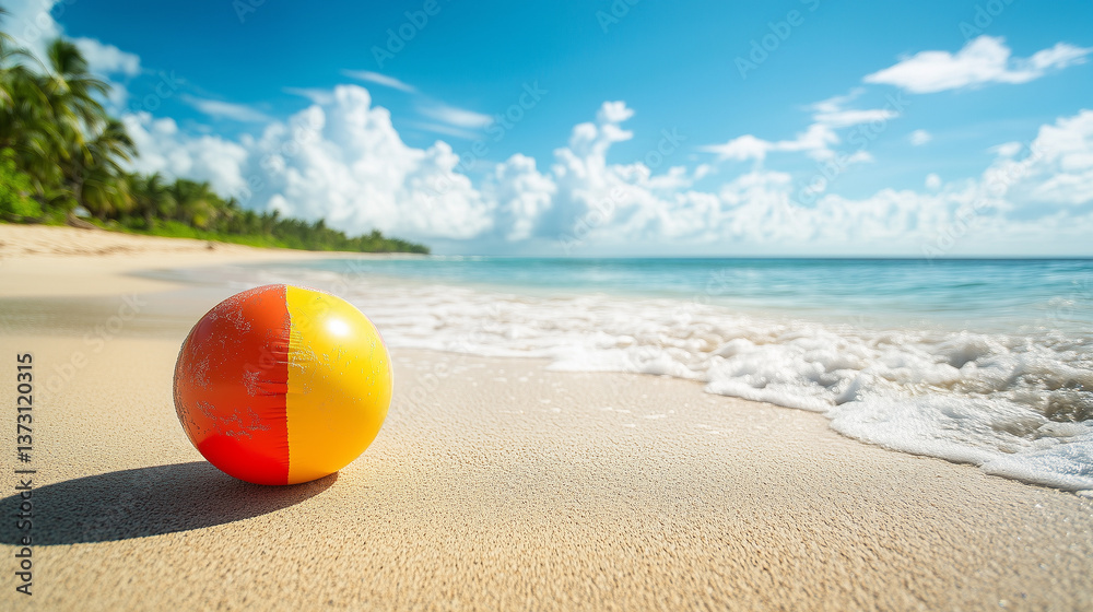 View on tropical beach with an inflatable beach ball, summertime vibes. Tropical travel destination, mockup for poster, advertisement. Travel industry background. Summer beach. View on tropical beach with an inflatable beach ball, summertime vibes. Tropical travel destination, mockup for poster, advertisement. Travel industry background. Summer beach.