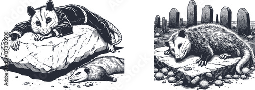 Set Opossum Pretending to Be Dead on a Stone – Detailed Wildlife Art  Engraving Designs black, icon, sign, doodle
