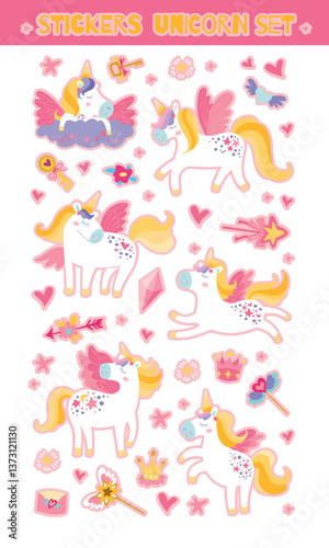 Childrens stickers set with magic unicorn. Kids vector characters. Beautiful horns with gold hairs.