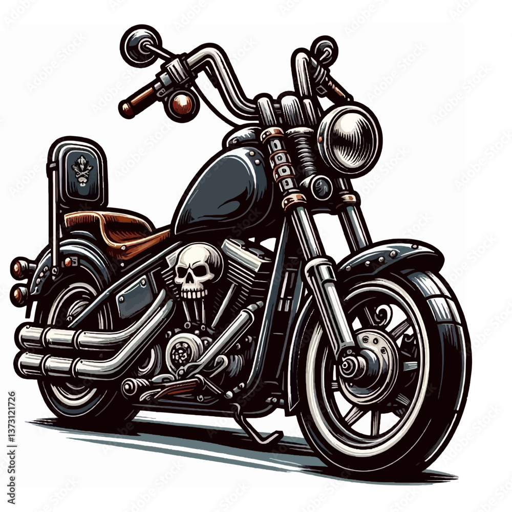 Emblema de logotipo de motocicleta chopper em estilo cartoon EPS10, perfeito para branding de clubes de motociclistas ou lojas com um design ousado e vibrante